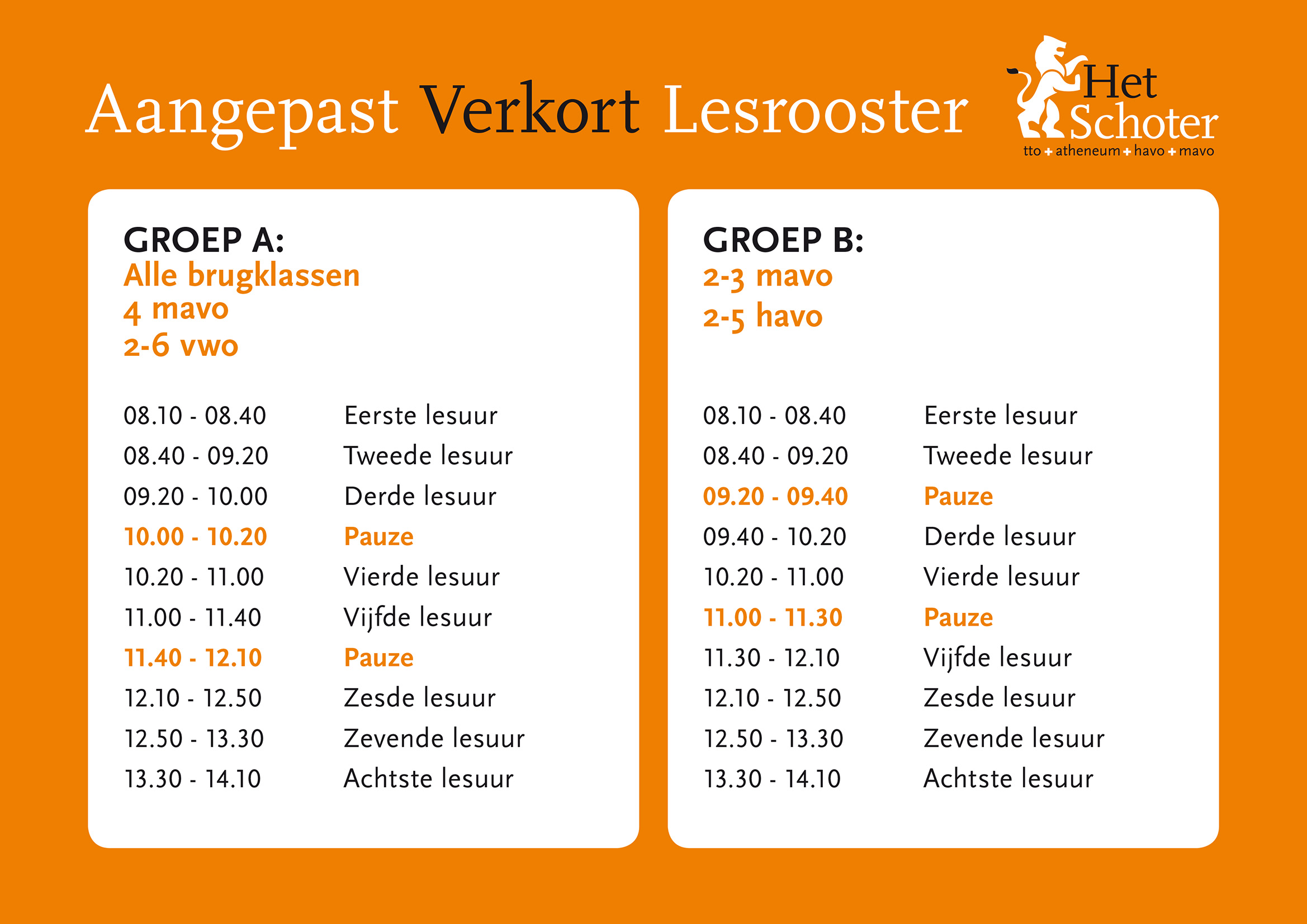 200828 bijlage 1 Schoter verkort lesrooster 0820 v1